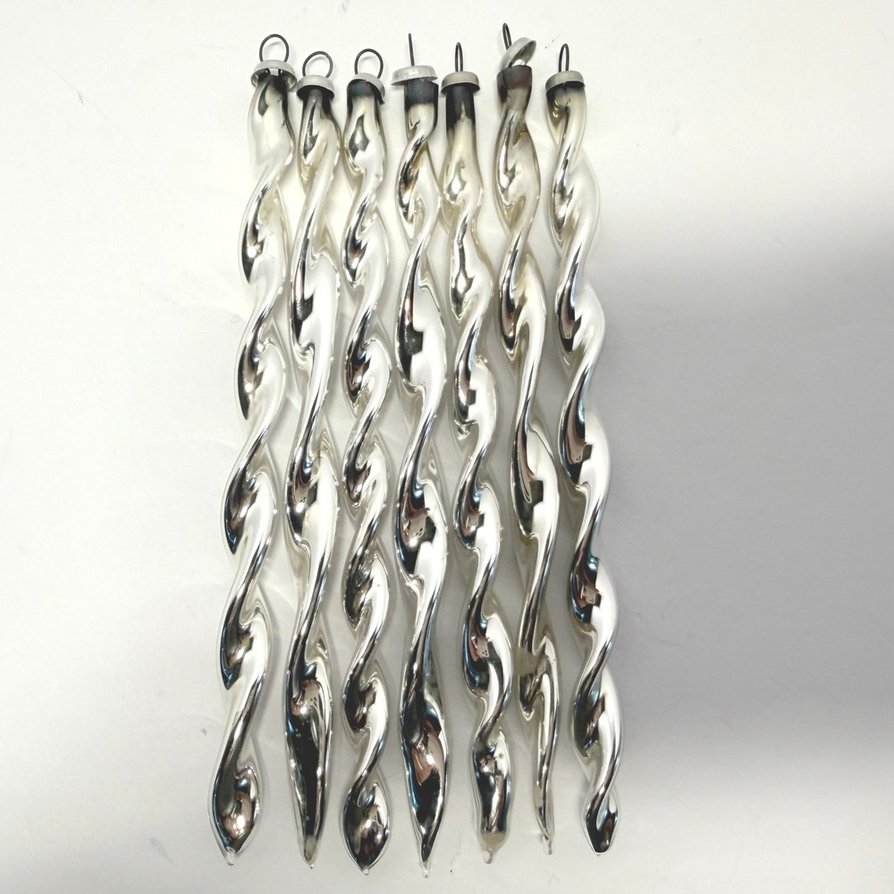 Vintage CALI COL Glass Icicle Ornaments Twisted Spiral Silver 5.5in 7pcs LOT 1